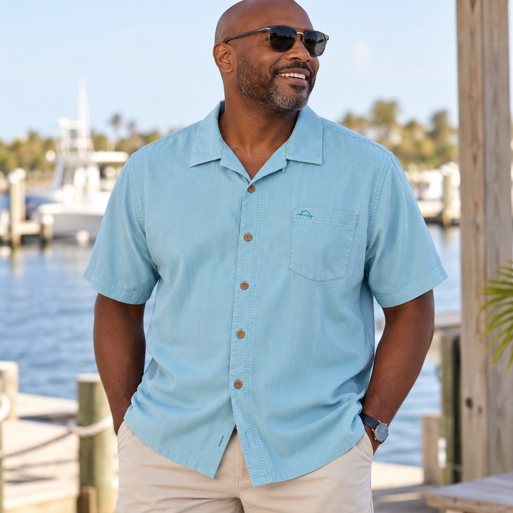 Tommy Bahama 2XLT Mens Tall Silk COOLMAX Shirt Blue IslandZone Short Sleeve Soft